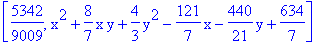 [5342/9009, x^2+8/7*x*y+4/3*y^2-121/7*x-440/21*y+634/7]